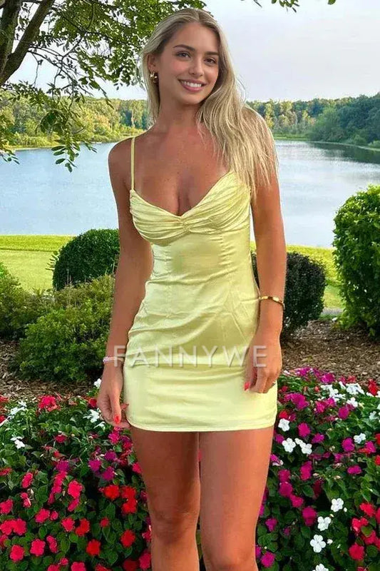 FannyWe Simple Yellow Spaghetti Straps V-Neck Pleated Satin Tight Party Homecoming Dress formal wear dresses