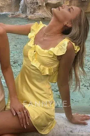 FannyWe Simple Yellow Straps Ruffles Satin Pleats Short Homecoming Dress formal wear dresses