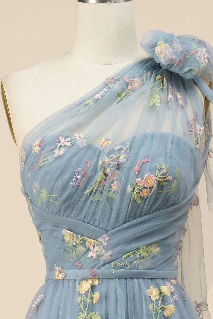 A-Line Floral One Shoulder Prom Dress