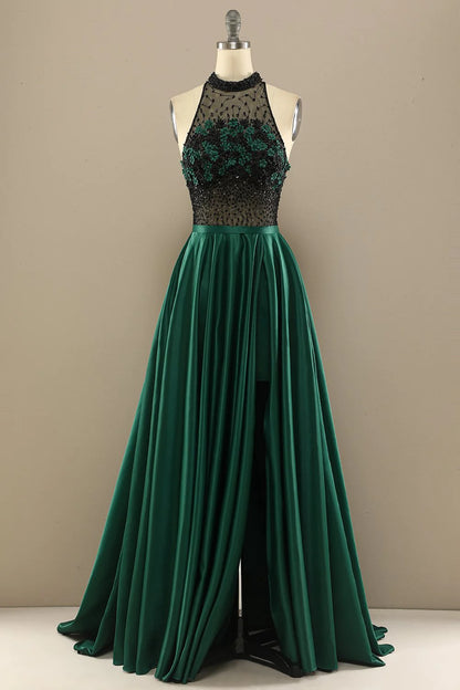 Dark Green Long Beaded Prom Dress With Flowers