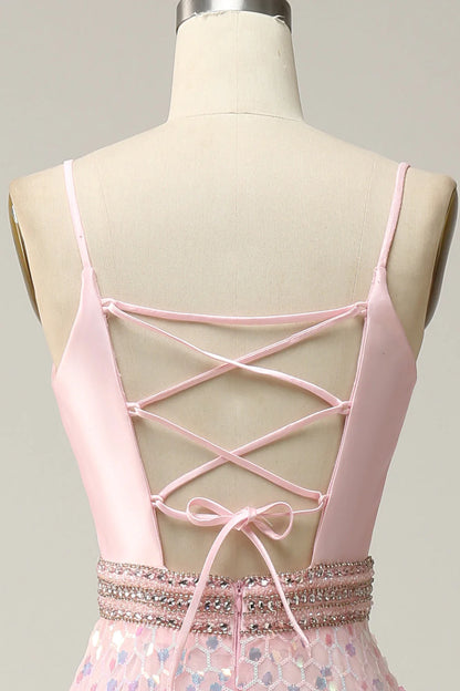 A Line Spaghetti Straps Pink Long Prom Dress with Beading