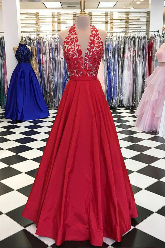 V neck lace applique long prom dress
