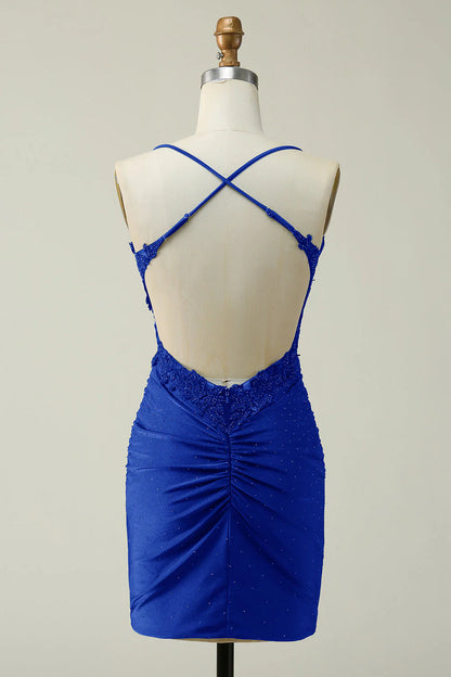 Sheath Spaghetti Straps Short Homecoming Dress with Appliques