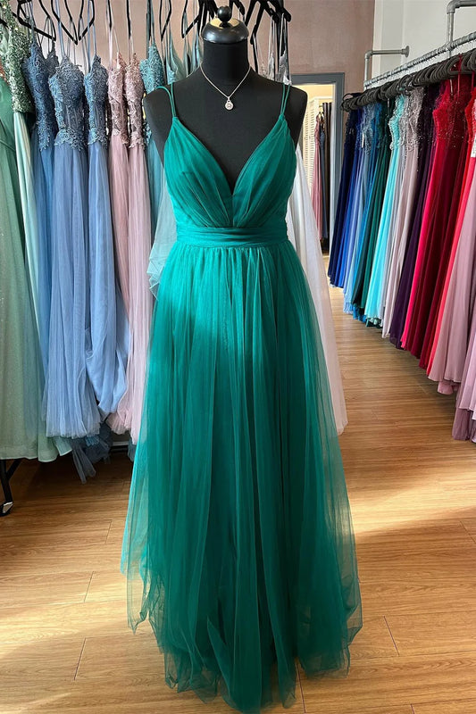 A-line Plunging V Neck Double Straps Pleated Long Prom Dress