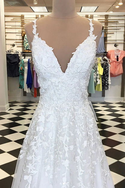 V neck tulle lace applique long Wedding Dresses
