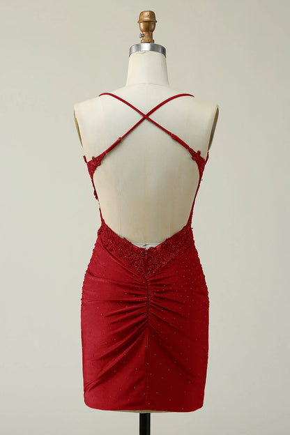 Sheath Spaghetti Straps Short Homecoming Dress with Appliques