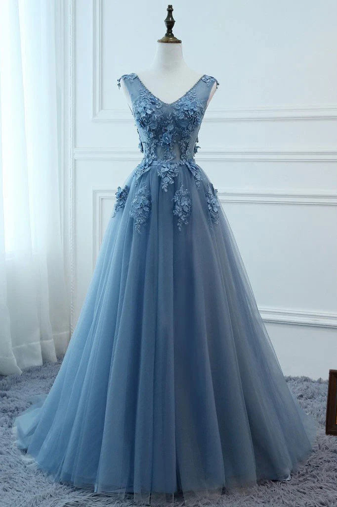 V neck tulle lace long prom dress