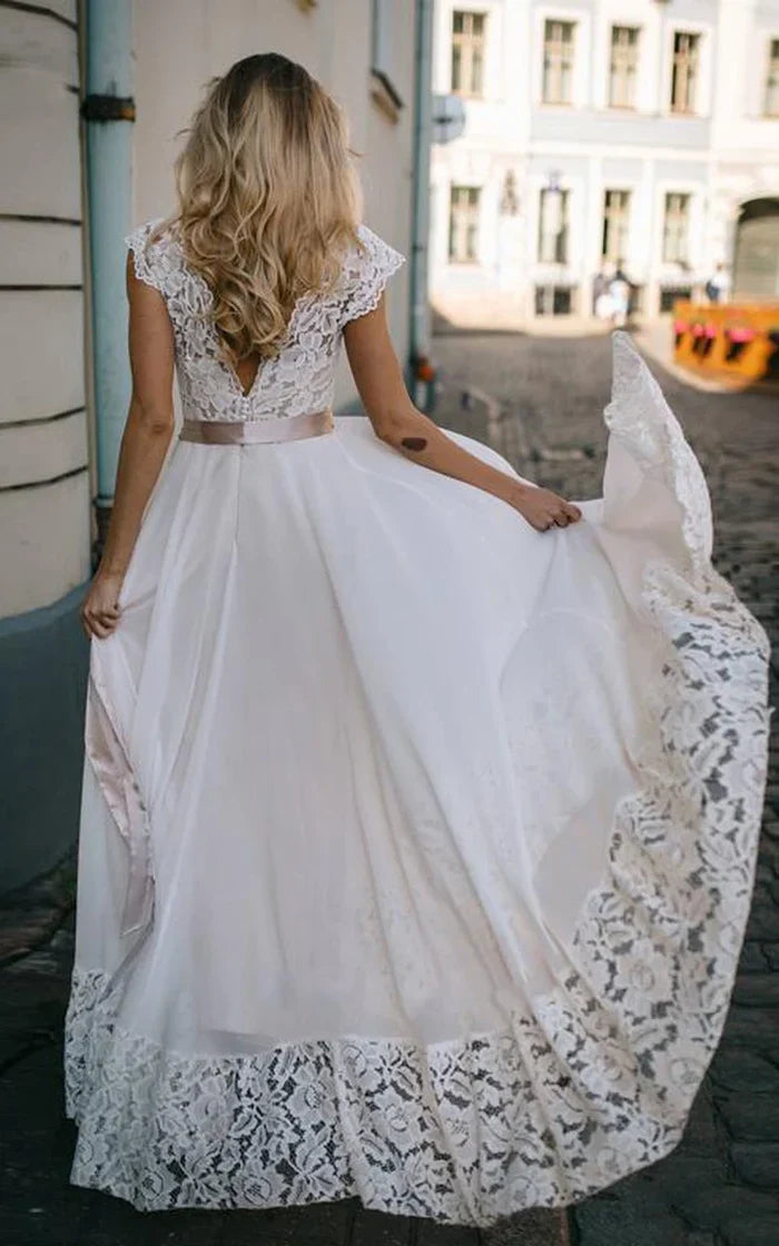 Vestido de novia de gasa con encaje, corte barco, largo hasta el suelo, manga corta y lazo
