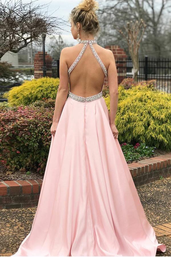 A-Line Open Back Sleeveless Pink Satin Prom Dress with Beading