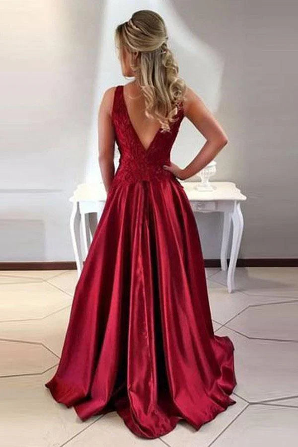 A-Line Round Neck V-Back Maroon Satin formal dresses evening gown Prom Dresses with Lace