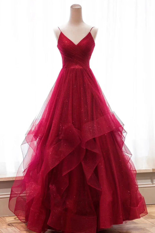 V neck tulle long prom dress
