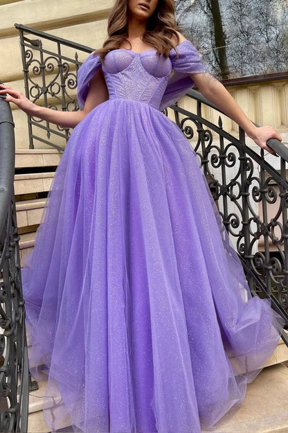 A-Linie Tüll Langes schulterfreies Abend- und Partykleid Ballkleid