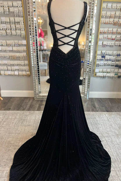 Vestido formal largo de sirena de terciopelo con escote en V y espalda recortada