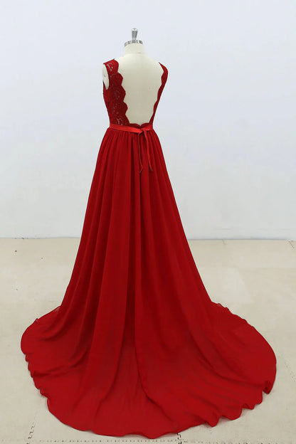 V neck lace chiffon long prom dress