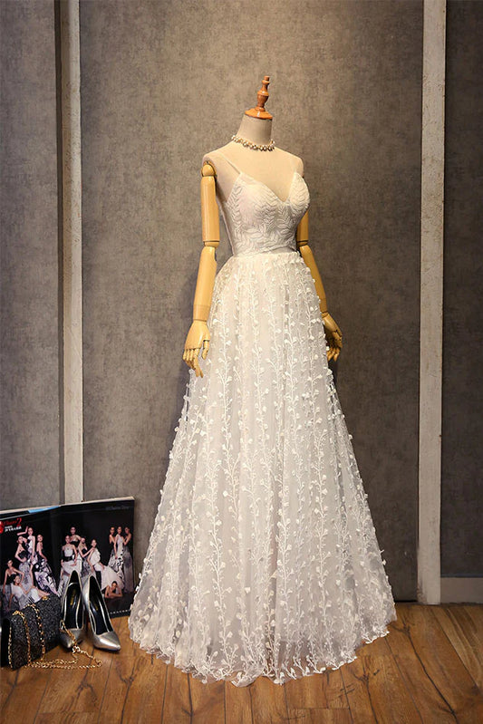 V neck lace long prom dress