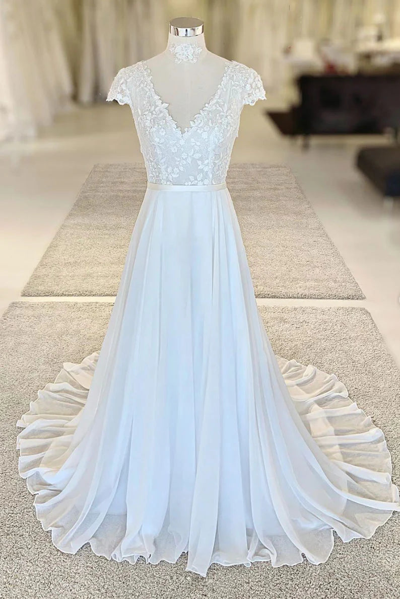 V neck lace chiffon long Wedding Dresses