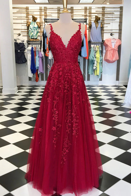 V neck tulle lace long prom dress