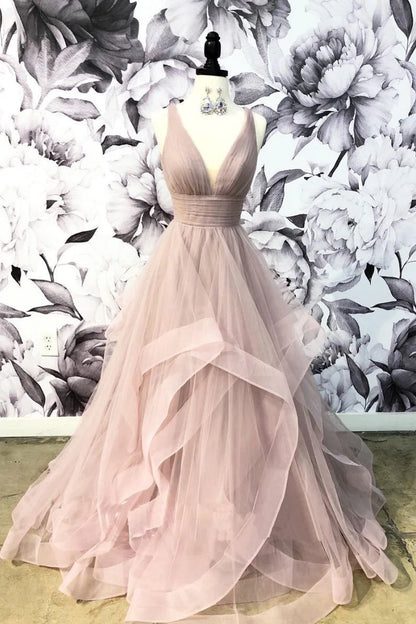 V neck tulle long prom dress