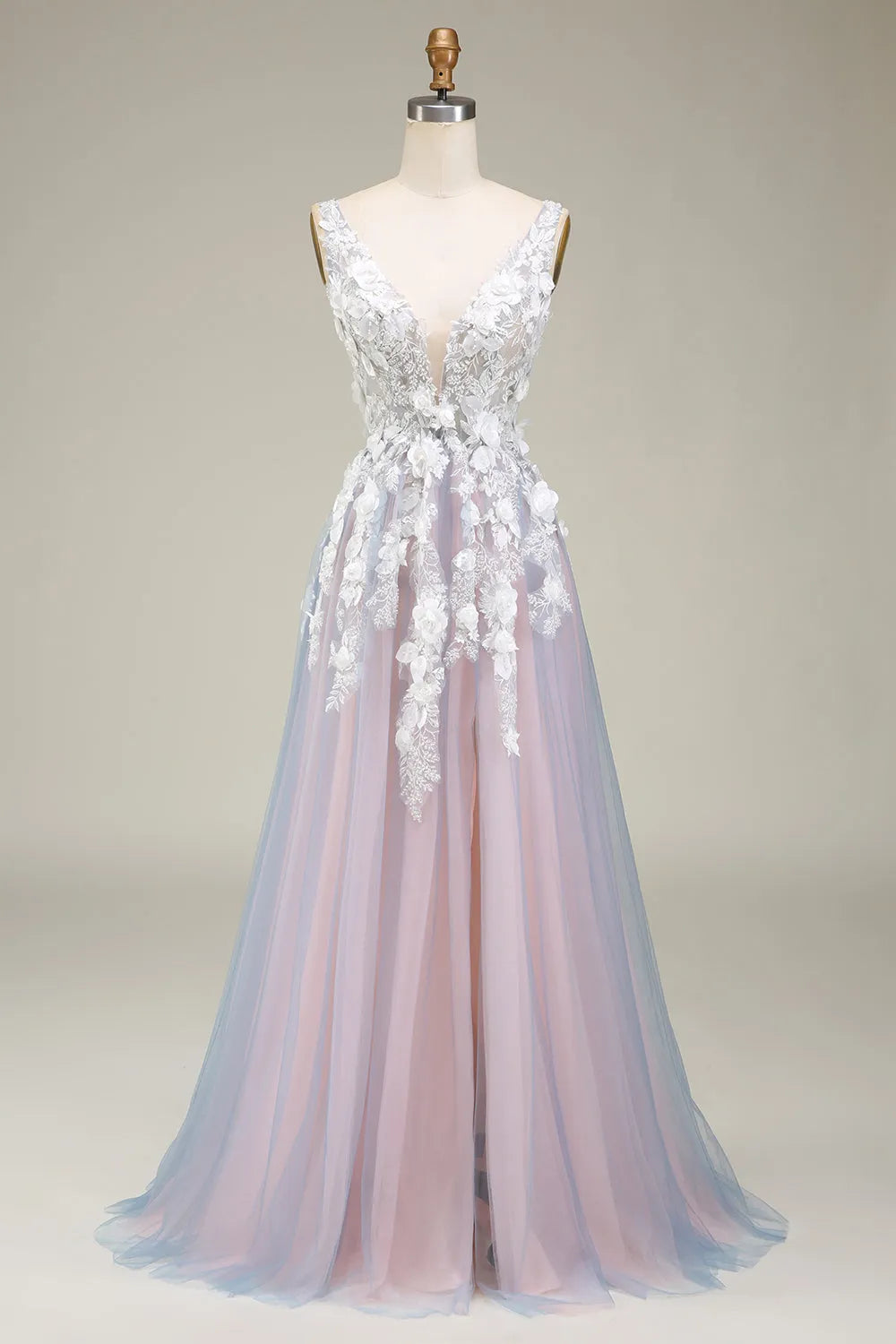 A-Line Keyhole Appliques Back Long Tulle Prom Dress with Split