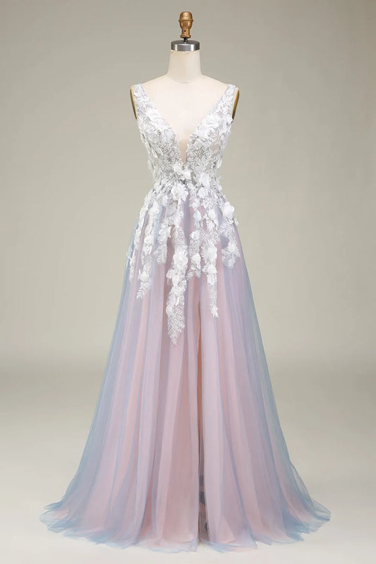 A-Line Keyhole Appliques Back Long Tulle Prom Dress with Split