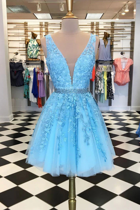V neck tulle lace applique short prom dress