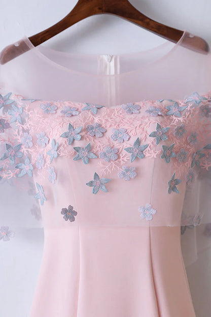 Round neck satin lace applique long prom dress