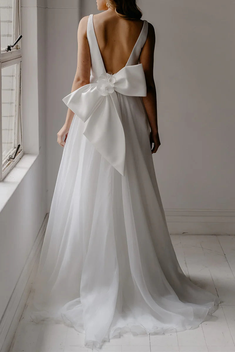 A Line Deep V Neck Open Back Simple Boho Wedding Dress