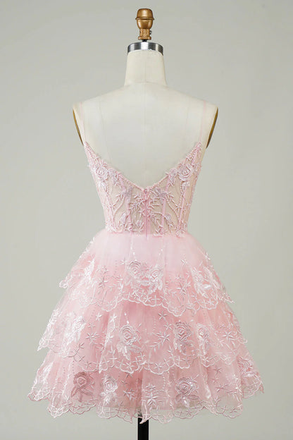 A Line Spaghetti Straps Sparkly Corset Homecoming Dress