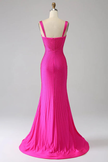Vestido de fiesta largo con corsé y cuentas y tirantes de sirena