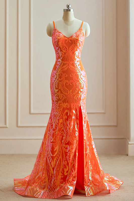 Mermaid Spaghetti Straps Sequins Split Prom Dress