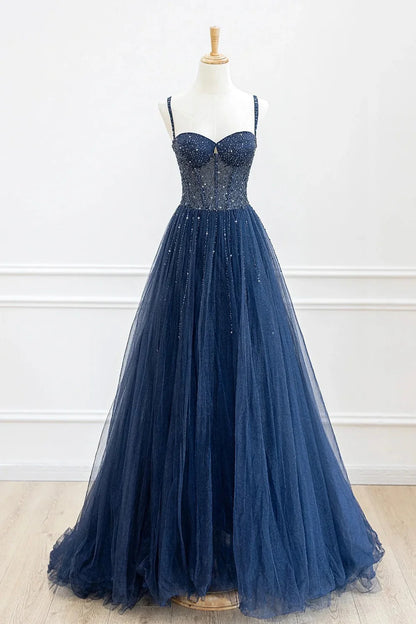 A-Linie Tüll Perlenbesetztes langes Ballkleid Formales Kleid