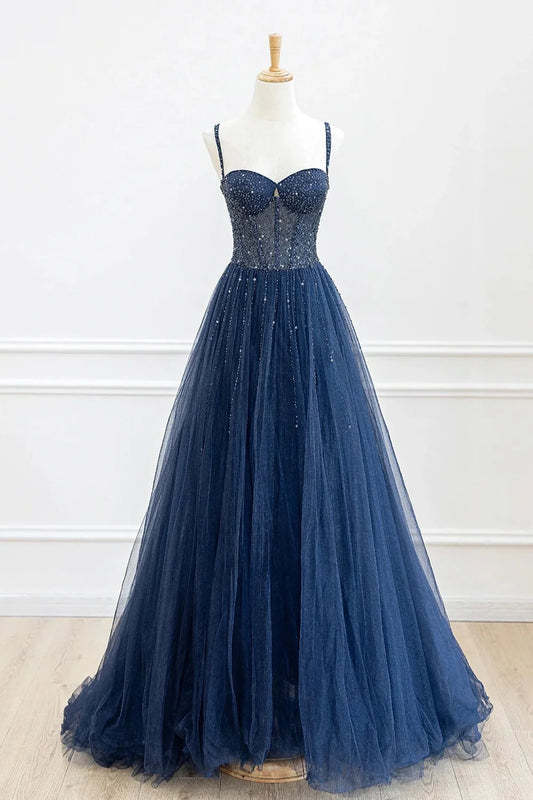 A-Linie Tüll Perlenbesetztes langes Ballkleid Formales Kleid