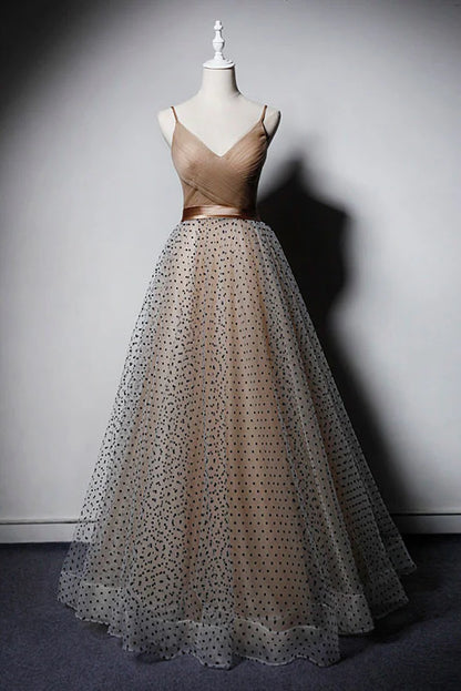 V neck tulle long prom dress