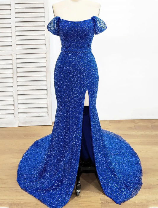 Vestido de noche elegante de sirena/trompeta, vestido formal de graduación, largo hasta el suelo, manga corta, hombros descubiertos, con lentejuelas