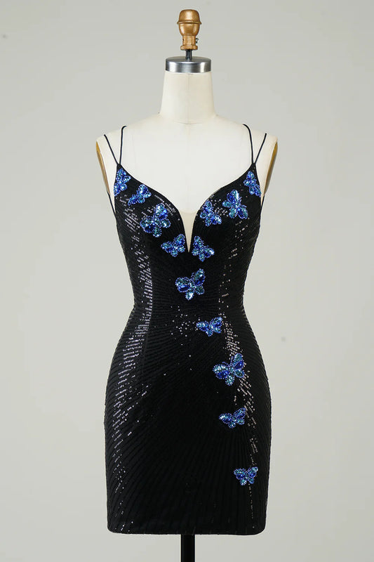 Glitter Tight Homecoming Dress with Sequins Butterflies