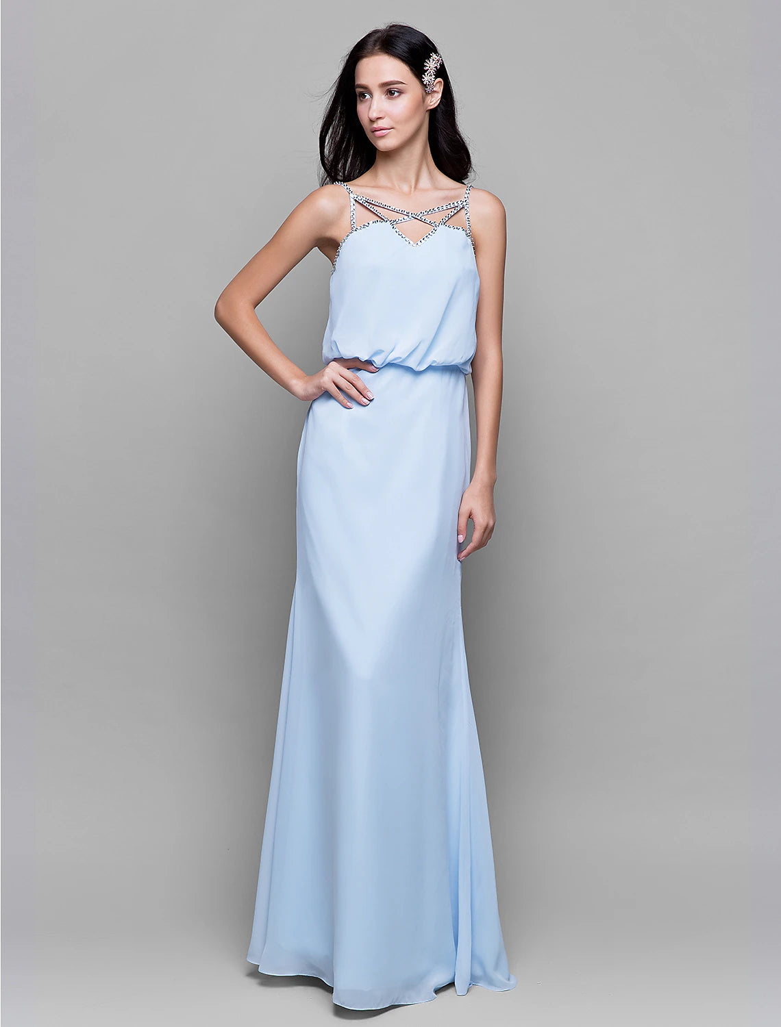 Sheath / Column Spaghetti Strap Floor Length Chiffon Bridesmaid Dress with Beading / Pleats