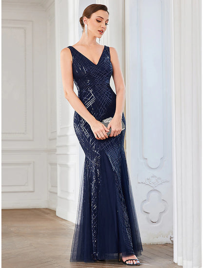 A-Linie Partykleider Sparkle &amp; Shine Kleid Hochzeitsgast Valentinstag Bodenlang Ärmellos V-Ausschnitt Tüll mit Pailletten