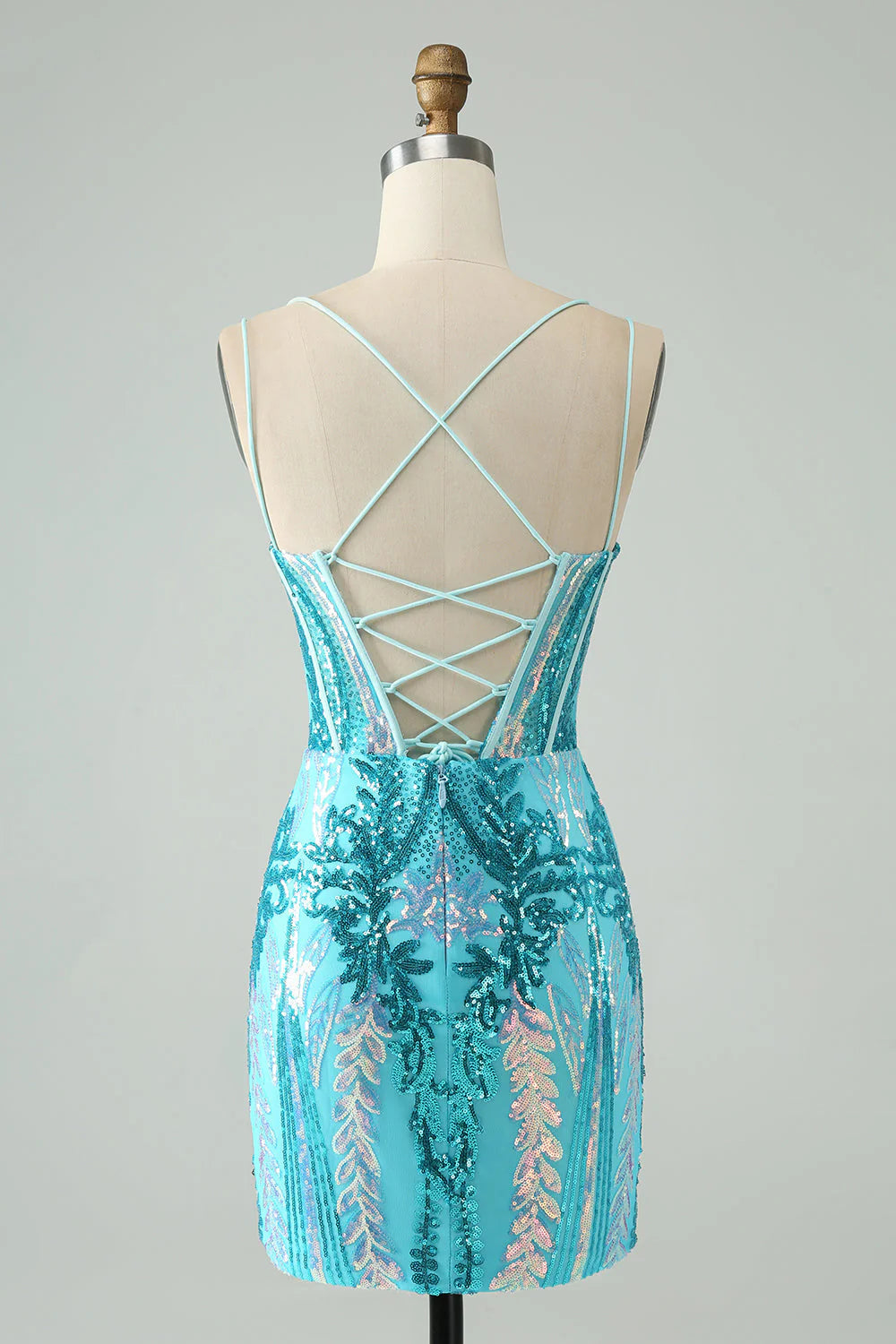 Sparkly Spaghetti Straps Corset Unique Homecoming Dress with Sequins