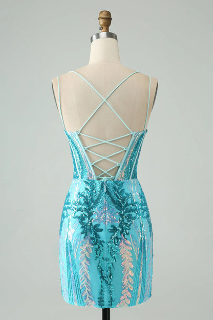 Sparkly Spaghetti Straps Corset Unique Homecoming Dress with Sequins