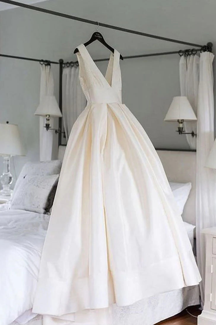 V neck satin long prom dress