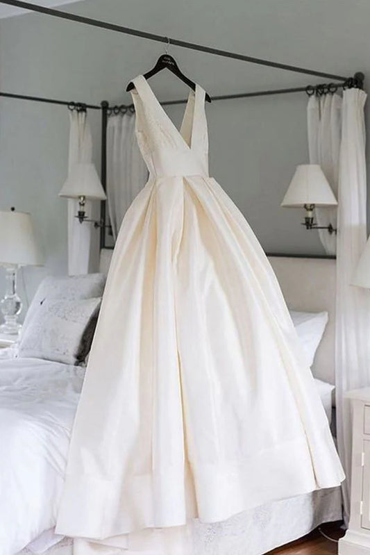 V neck satin long prom dress