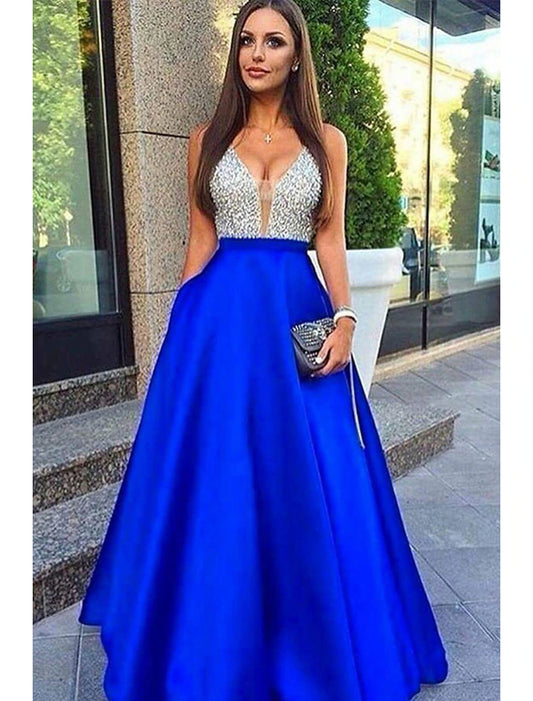 Vestidos de fiesta de corte A, brillantes y con brillo, formales, largos hasta el suelo, sin mangas, escote en V, bolsillo, satén elástico, espalda descubierta, escote en V con bolsillo de cuentas