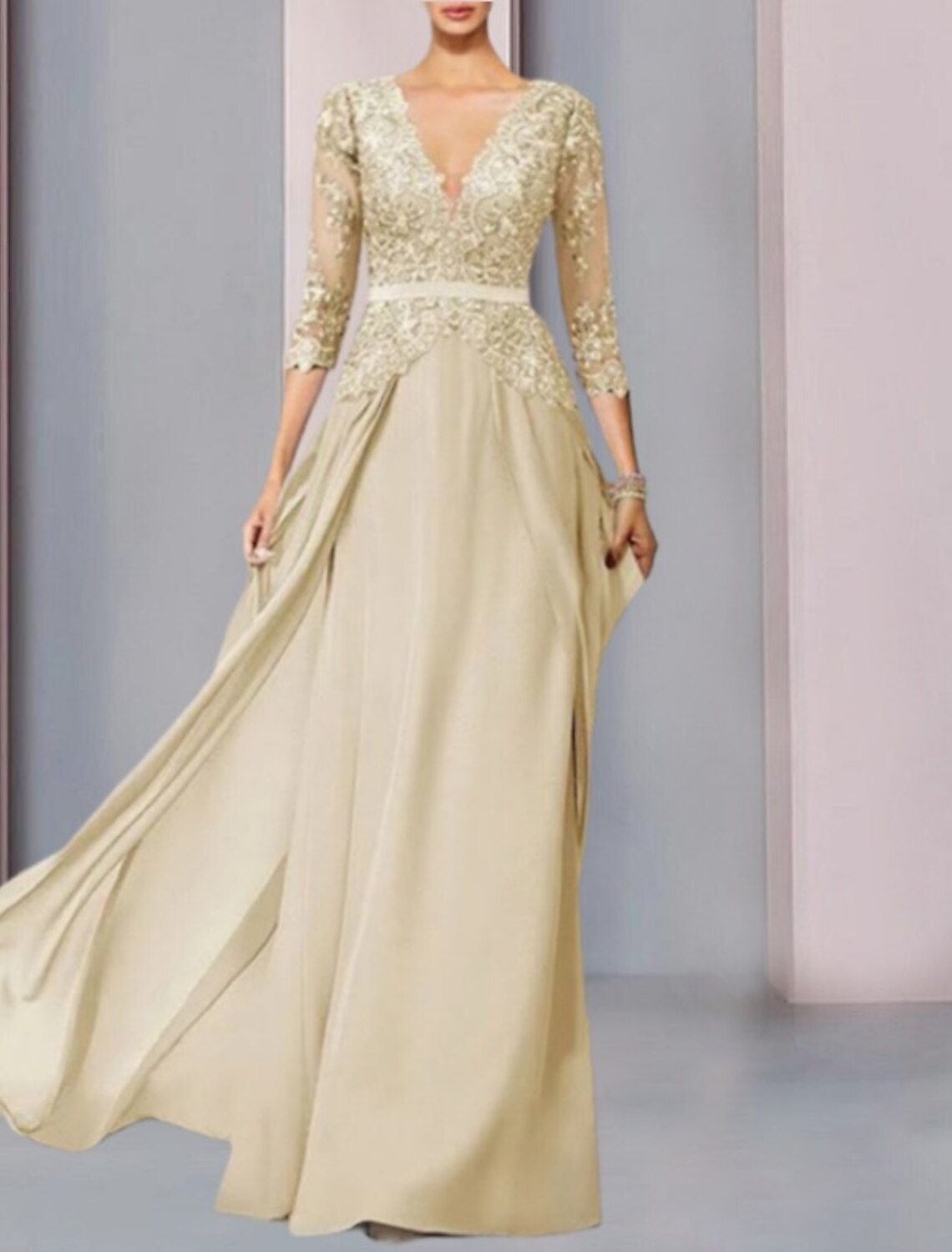 A-Line Mother of the Bride Dress Wedding Guest Elegant V Neck Floor Length Chiffon Half Sleeve with Lace Ruching