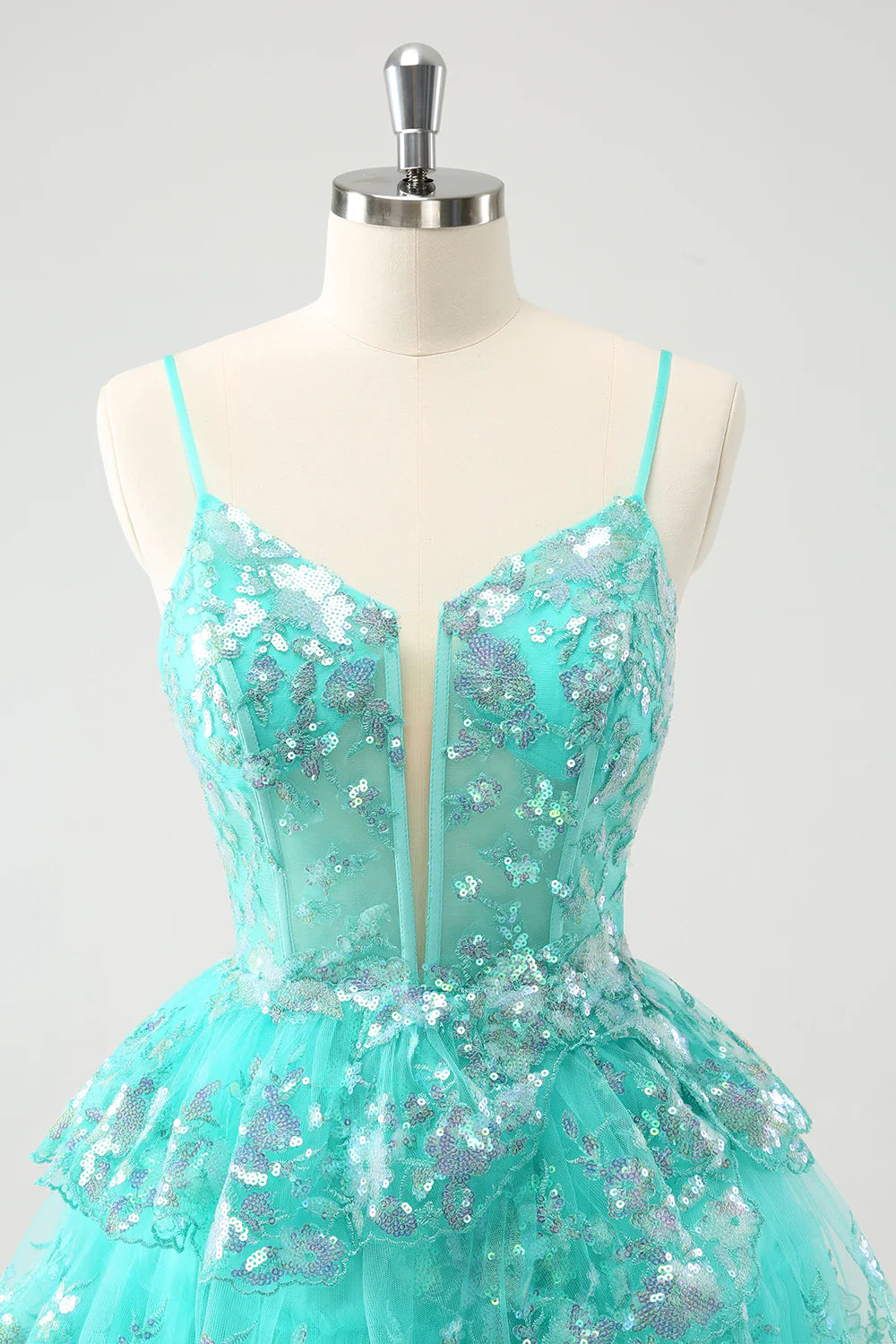 A-Line Cute Sparkly Spaghetti Straps Tiered Homecoming Dress with Sequins