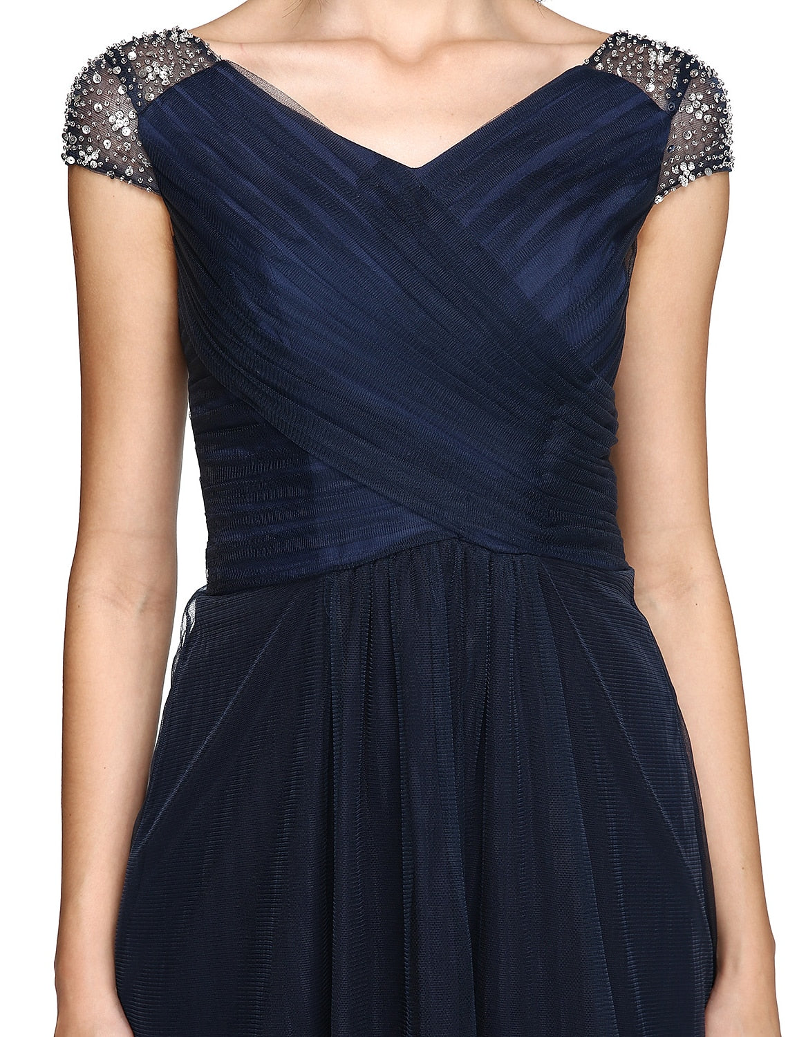 Vestido minimalista de corte tubo/columna para invitada de boda, baile de graduación, asimétrico, manga corta, escote en V, vestido de dama de honor, tul, espalda en V con pliegues entrecruzados y abalorios