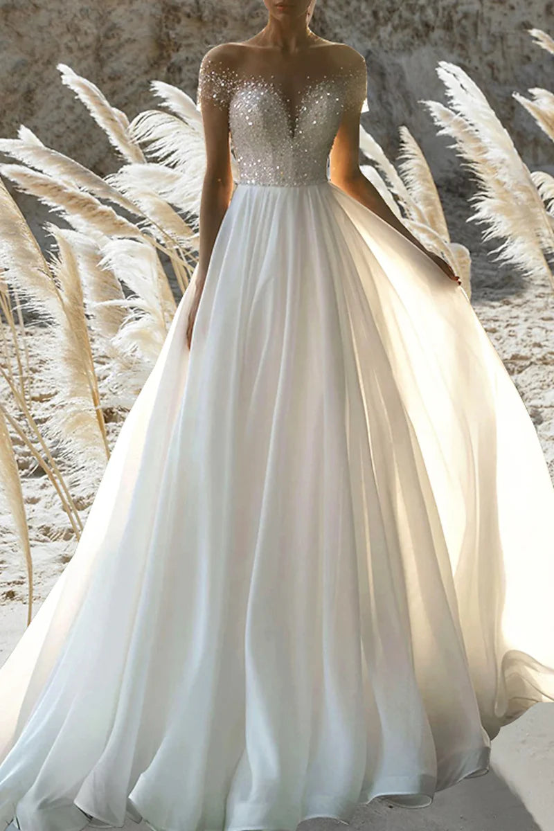 A Line Beach Formal Short Sleeves Beading Wedding Dress
