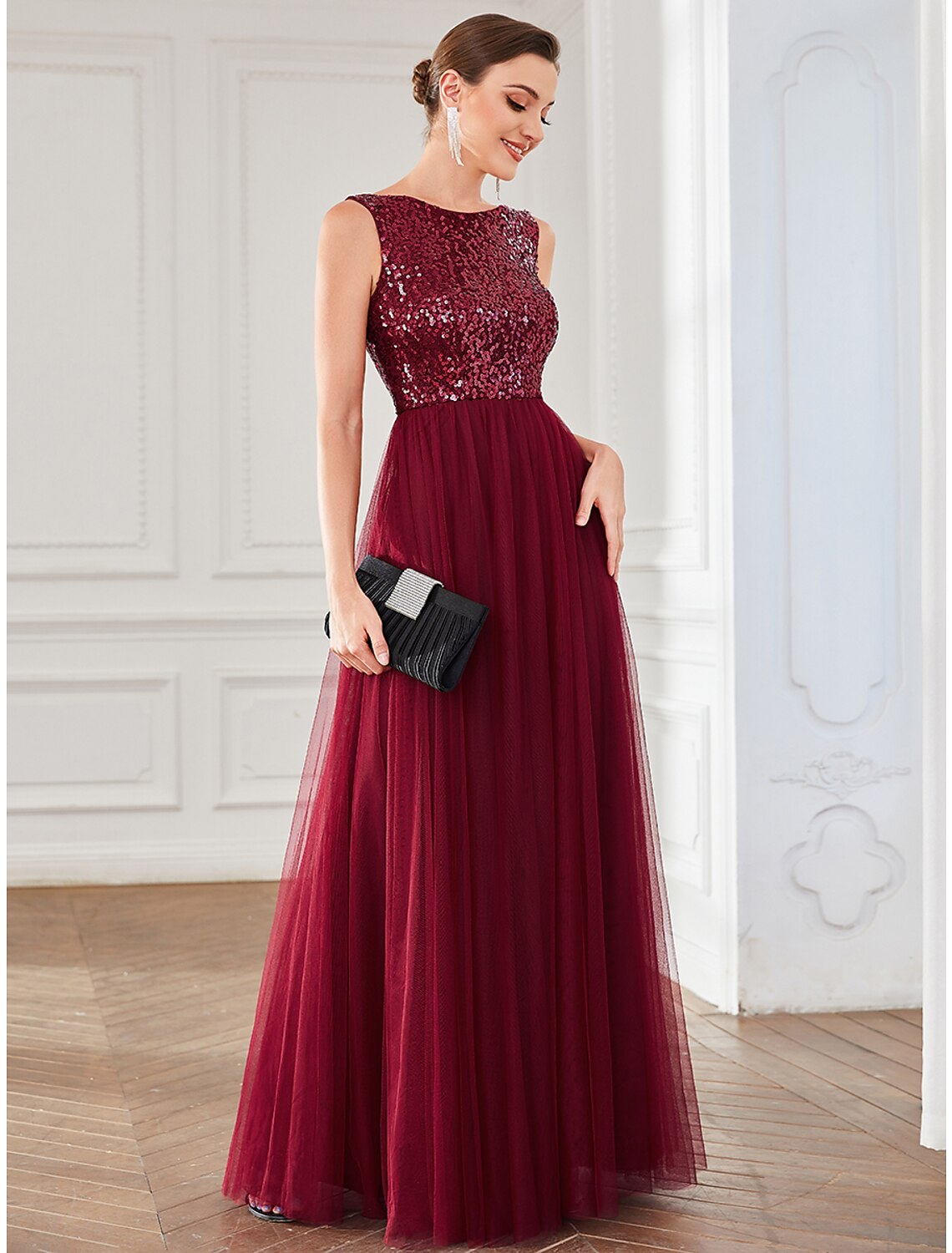 A-Linie Partykleider Sparkle &amp; Shine Kleid Hochzeitsgast Geburtstag Bodenlang Ärmellos Juwelausschnitt Tüll mit Pailletten