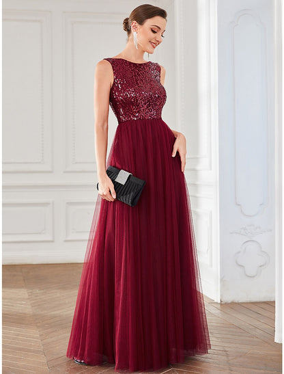 A-Linie Partykleider Sparkle &amp; Shine Kleid Hochzeitsgast Geburtstag Bodenlang Ärmellos Juwelausschnitt Tüll mit Pailletten