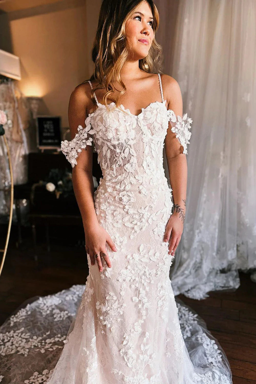 Mermaid Off the Shoulder Train Wedding Dress