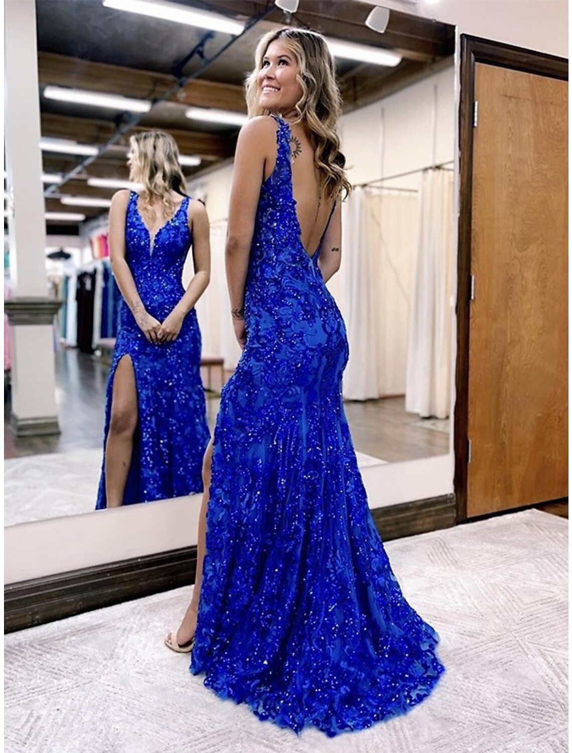 Vestidos de fiesta de sirena/trompeta con brillo y brillo, vestido formal para fiesta de bodas, cola larga/cepillo, sin mangas, cuello en V, lentejuelas, espalda descubierta con lentejuelas